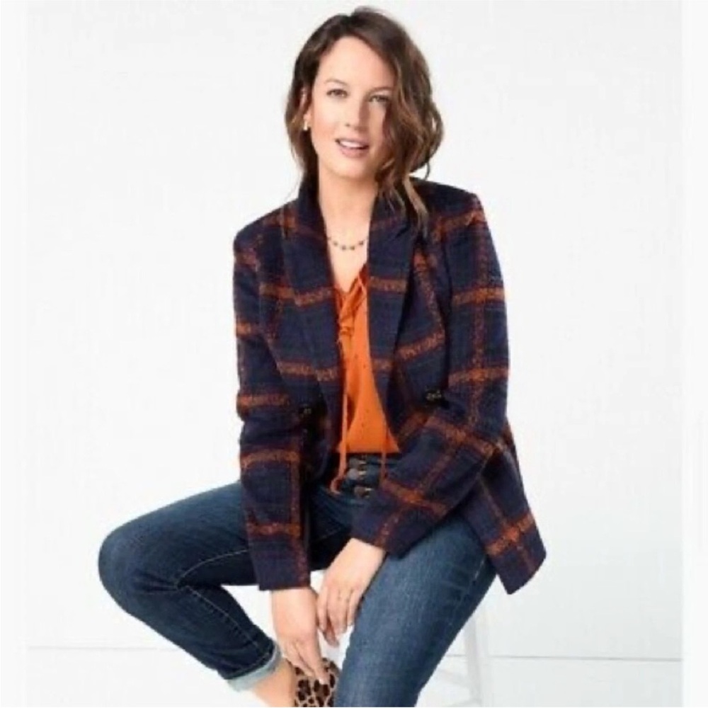 CAbi Wool-blend Cozy Cabin Navy, Purple and Orange Checkmate Plaid Blazer size M